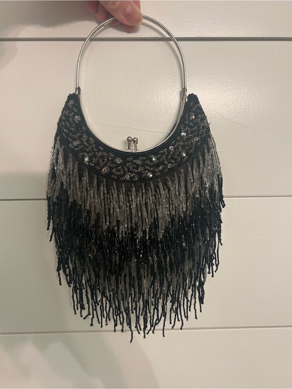 Vintage Style Beaded Fringe Evening Handbag - Black and Silver